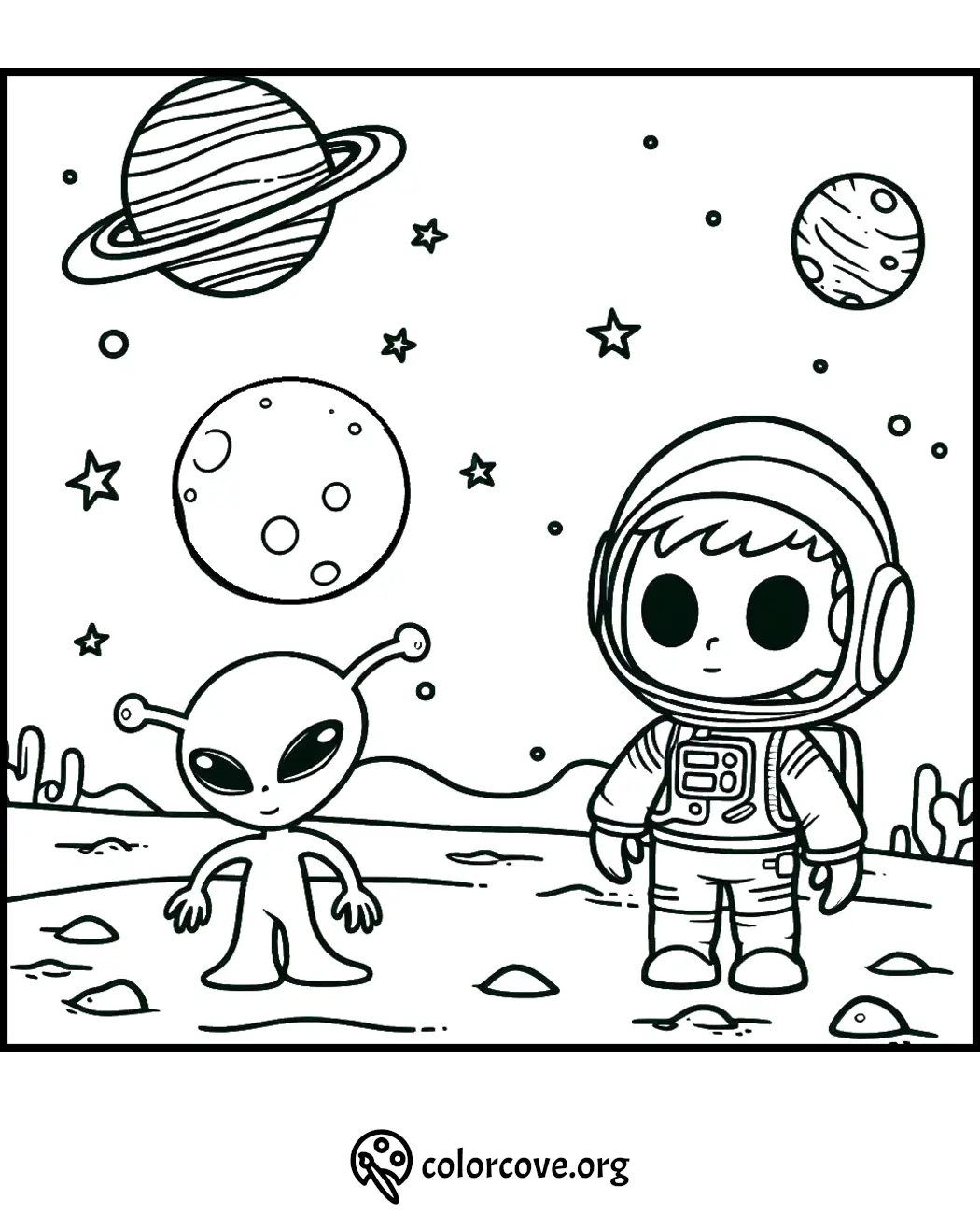 A cute astronaut and alien standing on a planet with stars and planets in the background. Perfect for kids' coloring fun.