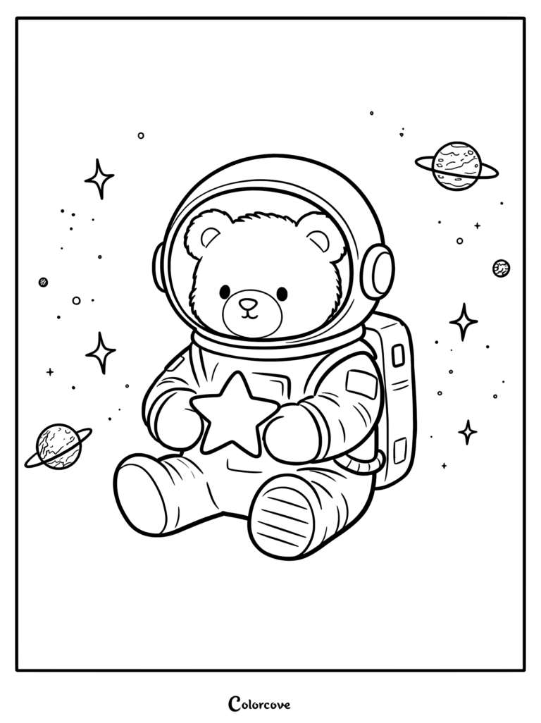 A cute teddy bear astronaut wearing a space suit and helmet, holding a star in outer space, coloring page.