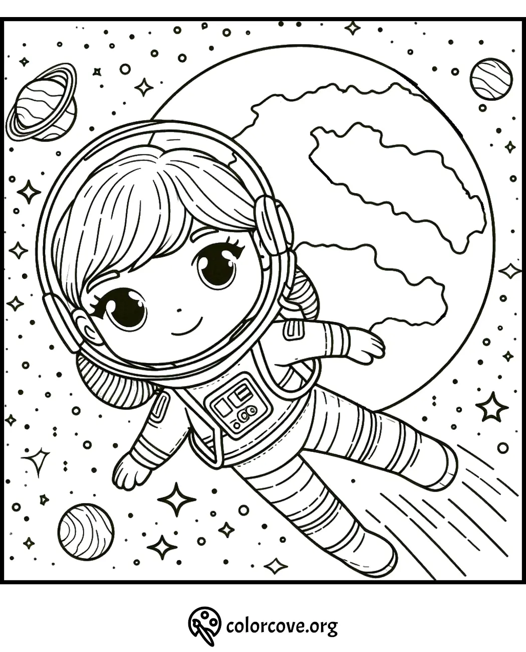 Cute astronaut coloring page for kids featuring space, stars, planets, and a smiling character in a spacesuit.