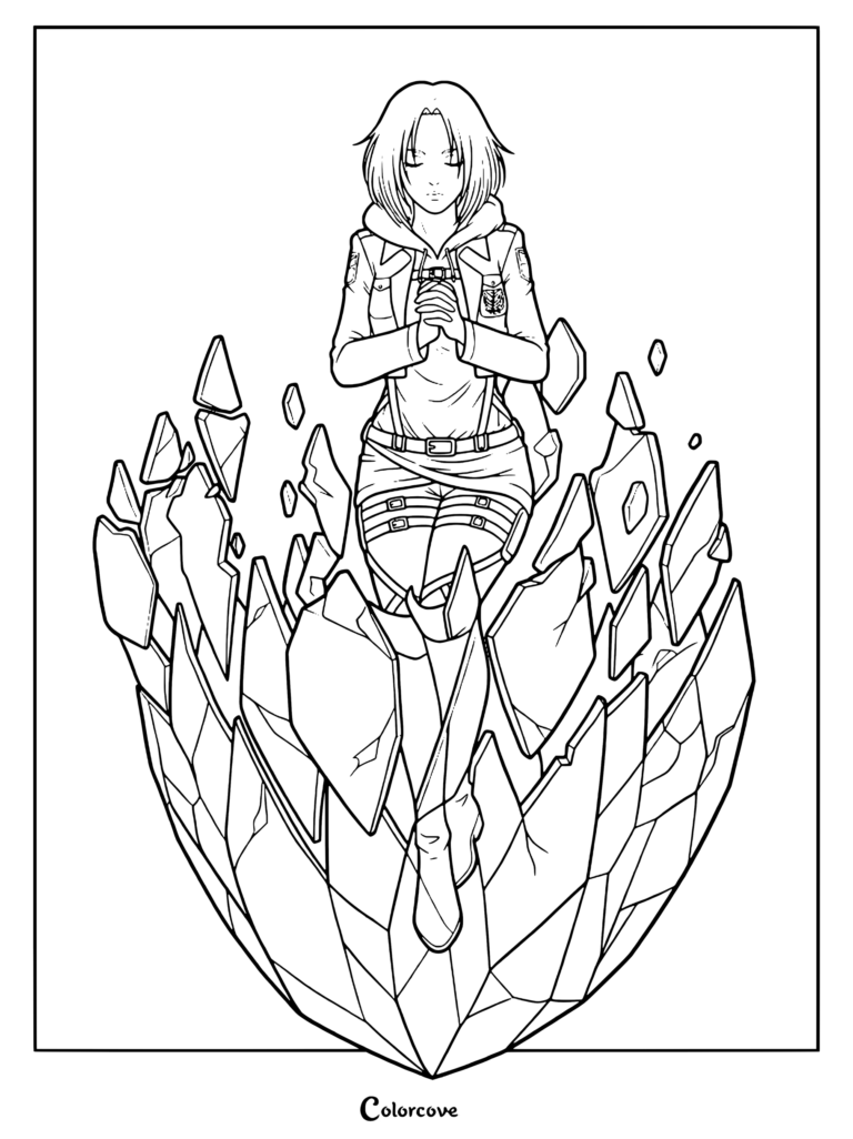 Coloriage d'Annie Leonhart enfermée dans le cristal durci d'Attack on Titan, montrant ses yeux fermés avec ses mains jointes à l'intérieur d'une coquille de cristal brisée.