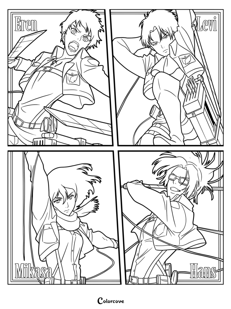 Coloriage d'Attack on Titan à imprimer représentant un graphique à quatre panneaux d'Eren Jäger, Livai Ackerman, Mikasa Ackerman et Hange Zoë lors de l'événement de collaboration Tokyo Joypolis.