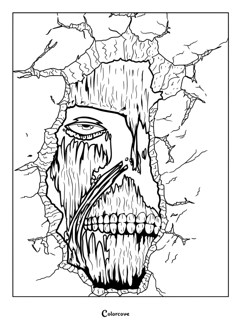 Coloriage d'un Titan des Murs de la série animée Attack on Titan brisant ou regardant à travers un mur blanc fissuré.
