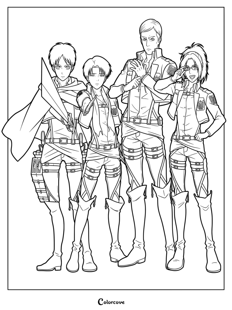 Coloriage d'Attack on Titan mettant en vedette les personnages Eren Jäger, Livai Ackerman, Erwin Smith et Hange Zoë.
