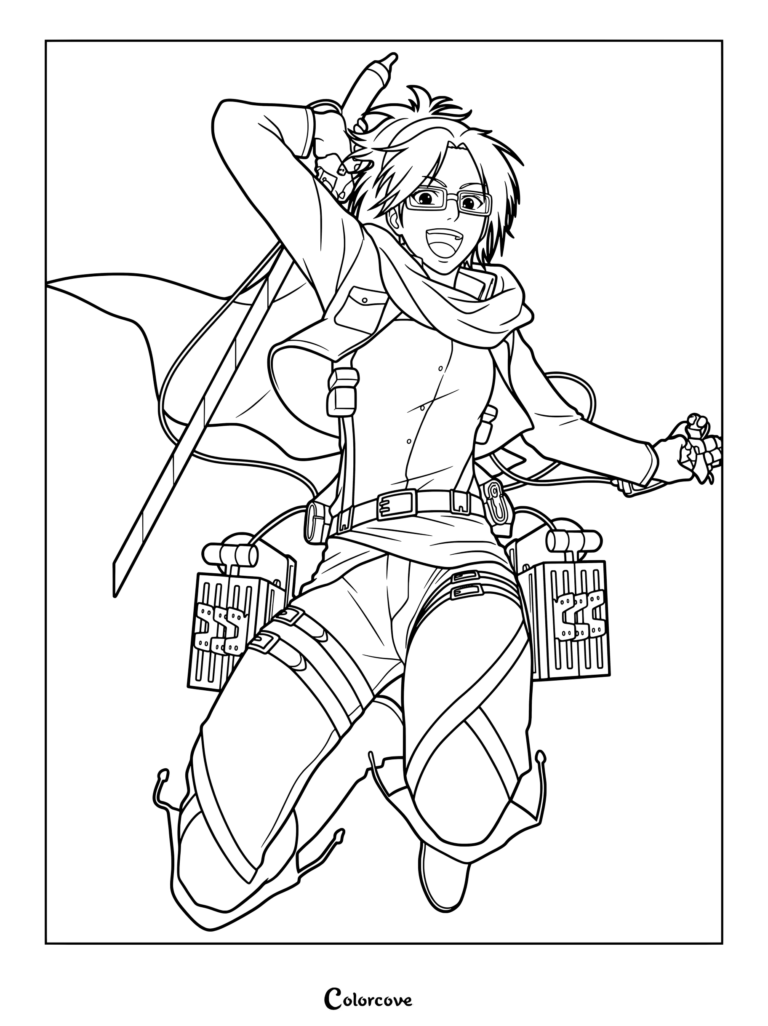 Coloriage de Hange Zoë d'Attack on Titan mettant en vedette l'uniforme du Bataillon d'exploration, l'équipement tridimensionnel et une lame.