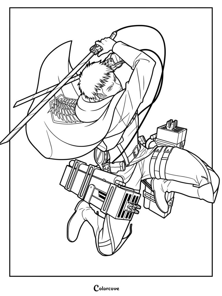 Coloriage à imprimer de Jean Kirschtein d'Attack on Titan portant son uniforme du Bataillon d'exploration et se déplaçant avec l'équipement tridimensionnel.