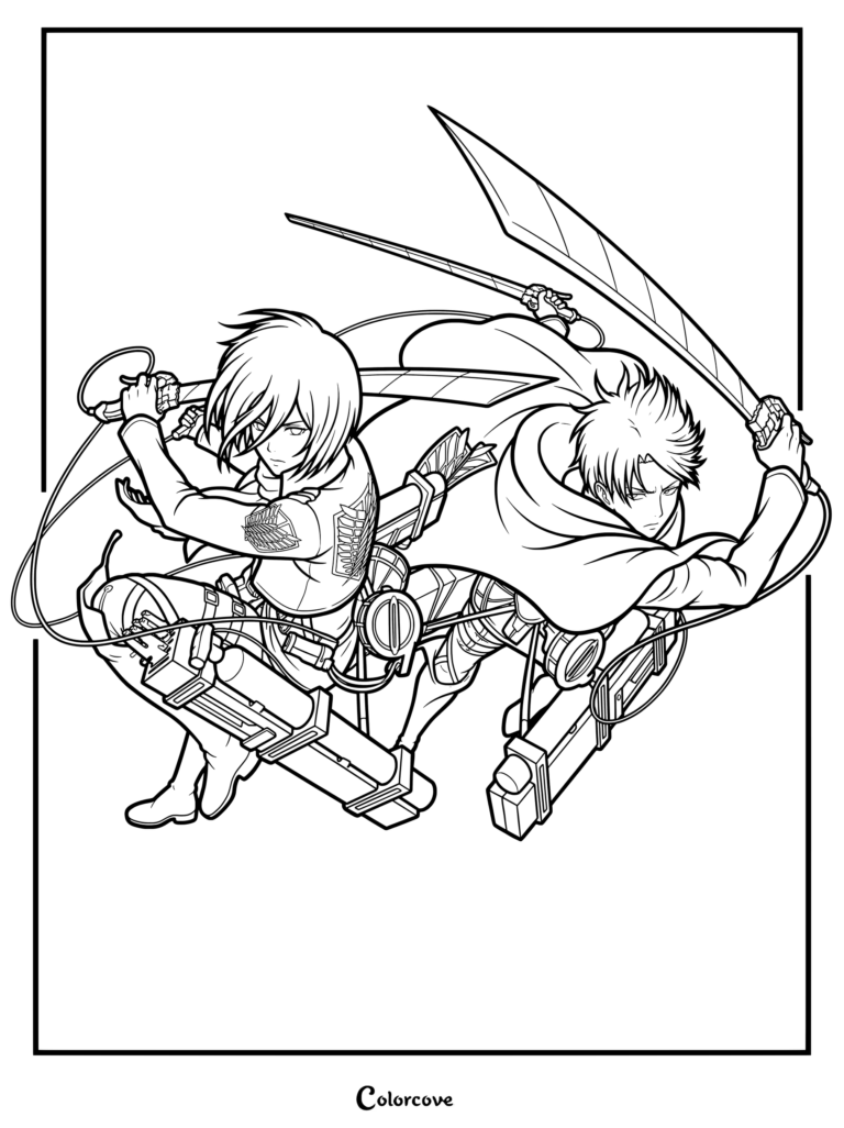 Coloriage gratuit d'Attack on Titan présentant Mikasa Ackerman et Livai Ackerman dans des poses de combat dynamiques.