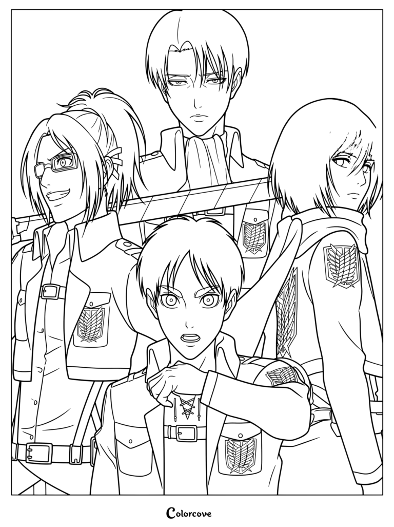 Coloriage d'Attack on Titan représentant Hange Zoë, Livai Ackerman, Eren Jäger et Mikasa Ackerman en uniformes du Bataillon d'exploration.