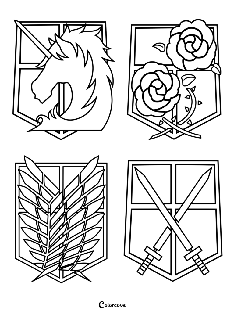Coloriage d'Attack on Titan représentant les symboles des quatre principales branches militaires : le Bataillon d'exploration, la Brigade Spéciale, la Brigade de Garnison et la Brigade d'Entraînement.