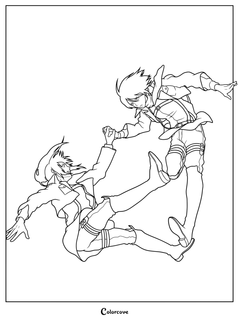 Coloriage de Sasha Braus et Mikasa Ackerman d'Attack on Titan flottant dans le ciel et se tenant la main.
