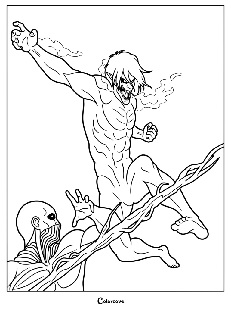 Coloriage du Titan Assaillant combattant le Titan Marteau d'armes d'Attack on Titan.
