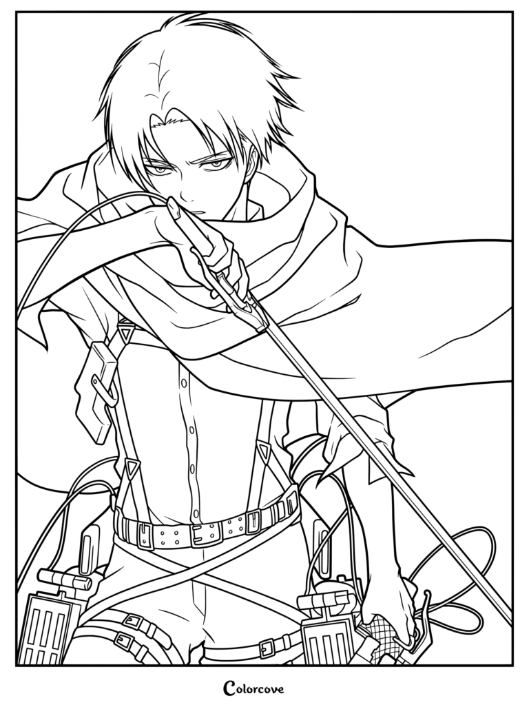 Coloriage d'Attack on Titan représentant le capitaine Livai Ackerman du spin-off manga No Regrets, illustré par Suruga Hikaru, tenant une lame d'équipement tridimensionnel.