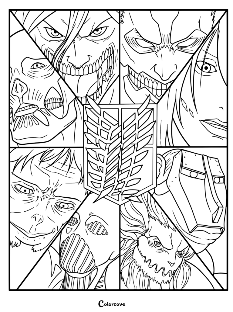 Coloriage à imprimer d'Attack on Titan représentant un collage de fan art des Neuf Titans centré autour de l'emblème du Bataillon d'exploration.