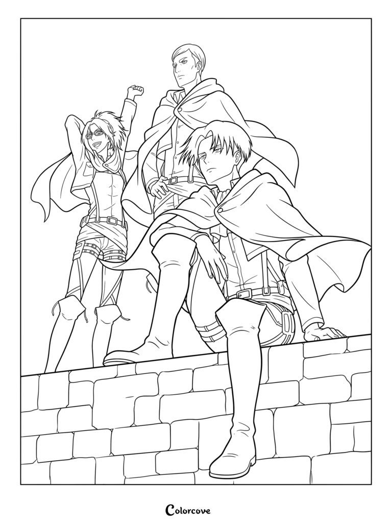 Coloriage d'Attack on Titan présentant une illustration officielle de Livai Ackerman, Erwin Smith et Hange Zoë posant sur un mur de pierre.