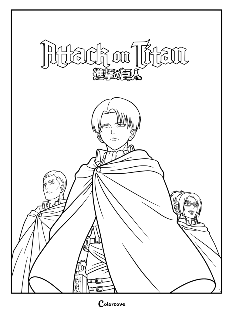 Coloriage d'Attack on Titan présentant une illustration promotionnelle de Livai Ackerman, Erwin Smith et Hange Zoë.