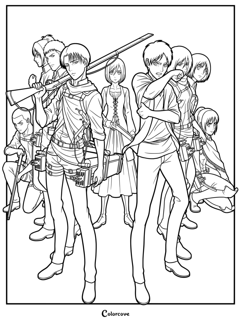 Coloriage d'Attack on Titan de la saison 3 mettant en scène Livai Ackerman, Eren Jäger, Historia Reiss et les membres du Bataillon d'exploration.