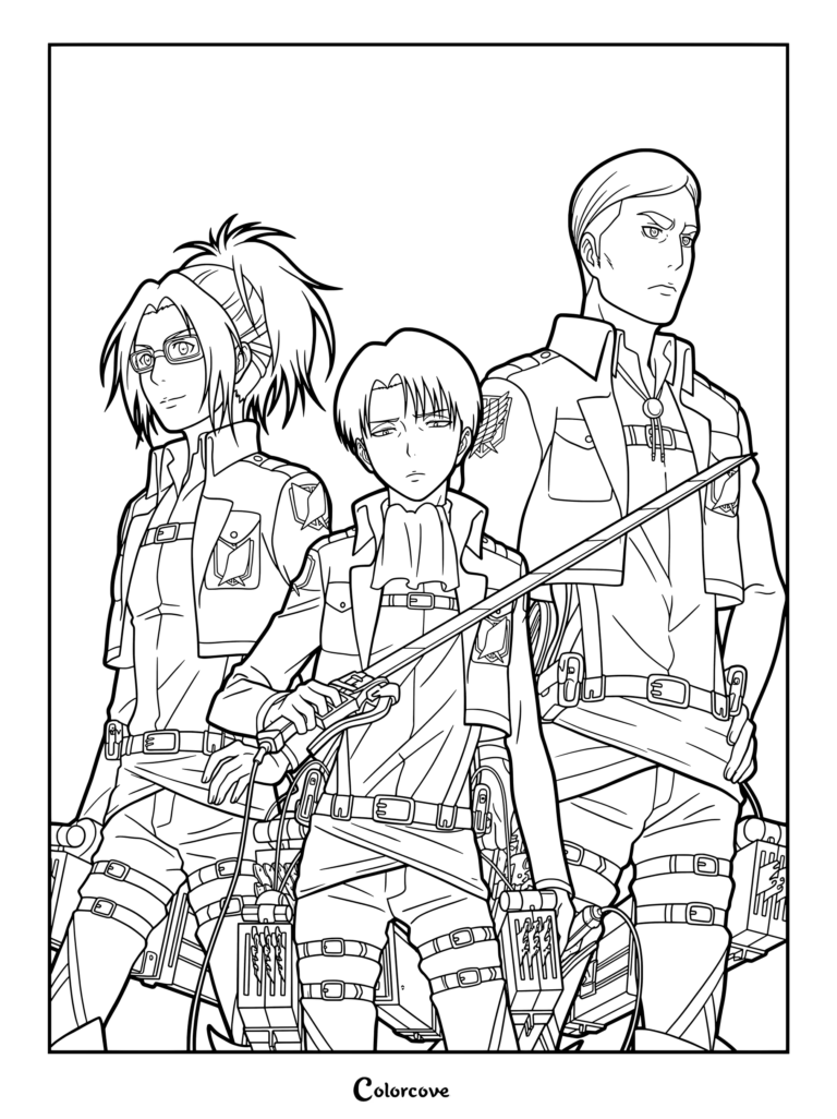 Coloriage d'Attack on Titan présentant une illustration promotionnelle officielle de Hange Zoë, Livai Ackerman et Erwin Smith.