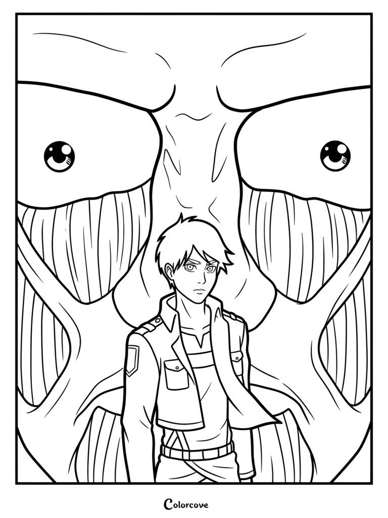 Coloriage détaillé représentant Eren Jäger debout devant le gigantesque Titan Colossal d'Attack on Titan.