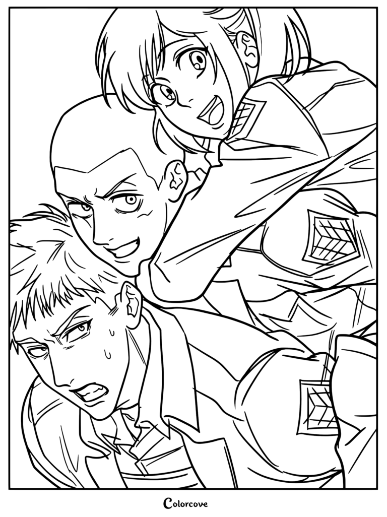 Coloriage à imprimer représentant Jean Kirschtein, Connie Springer et Sasha Braus d'Attack on Titan empilés les uns sur les autres dans une pose dynamique.