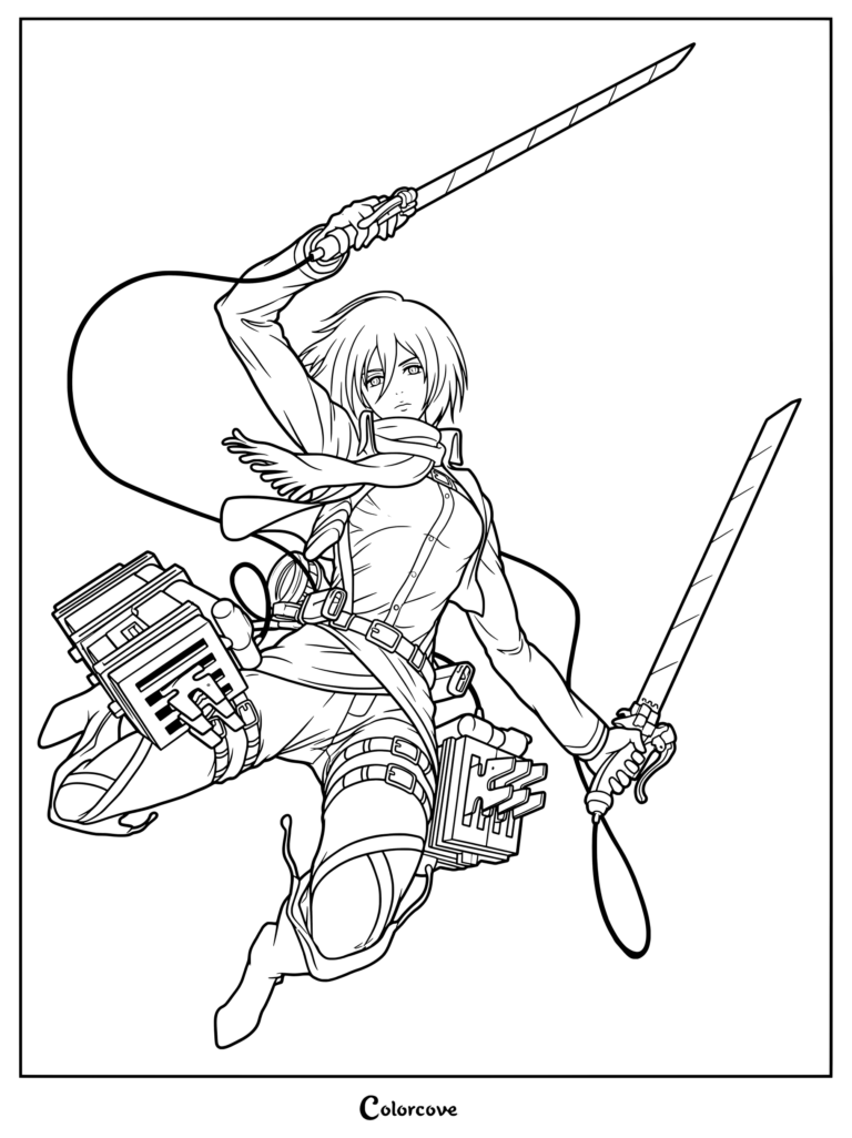 Coloriage gratuit d'Attack on Titan représentant Mikasa Ackerman dans son uniforme standard du Bataillon d'exploration, avec son écharpe rouge et son équipement tridimensionnel lors d'une pose de combat aérienne dynamique.