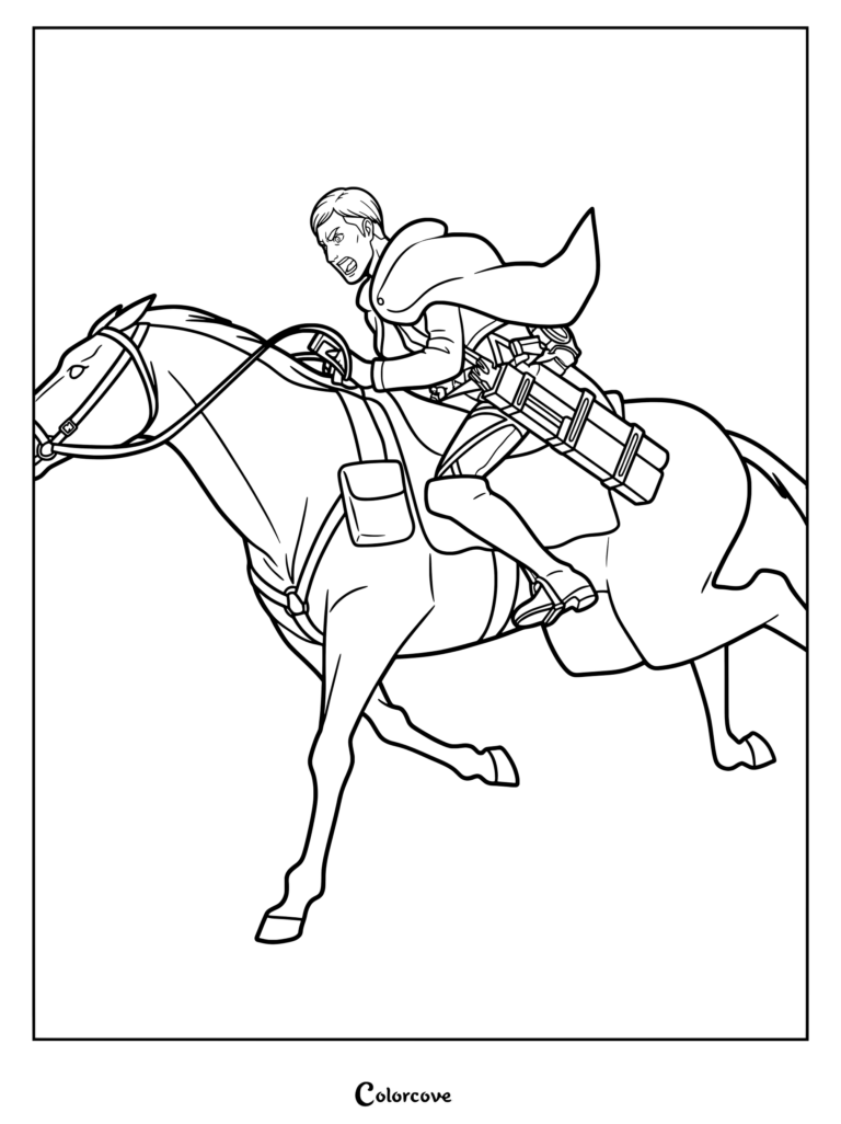 Erwin Smith menant une charge féroce à cheval dans ce coloriage dramatique d'Attack on Titan.