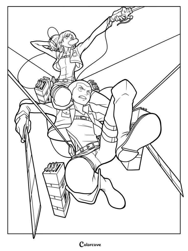 Coloriage gratuit d'Attack on Titan représentant Sasha Braus mangeant du pain de pomme de terre tout en chevauchant les épaules de Connie Springer à l'aide de l'équipement tridimensionnel.