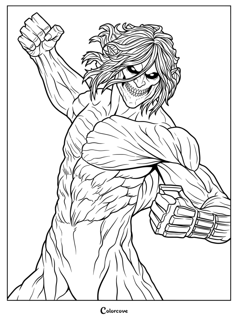 Coloriage à imprimer représentant Eren Jäger en tant que Titan Assaillant d'Attack on Titan dans une pose de combat dynamique inspirée de la statue Ultimate Diorama Masterline.