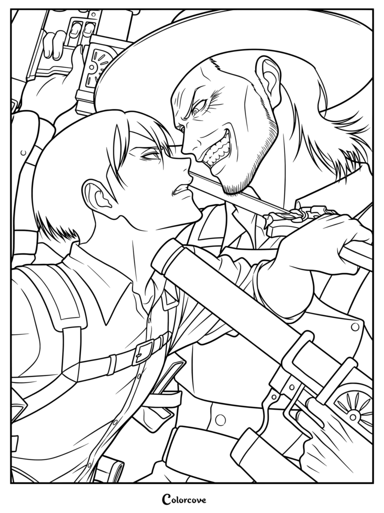 Coloriage d'Attack on Titan représentant Livai Ackerman dans un face-à-face tendu avec son oncle Kenny Ackerman.