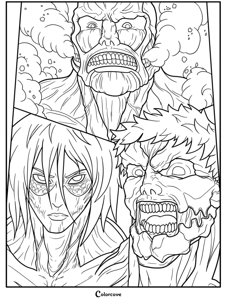 Coloriage à imprimer représentant trois Titans de la série animée et manga Attack on Titan : le Titan Colossal en haut, le Titan Féminin en bas à gauche et le Titan Cuirassé en bas à droite.