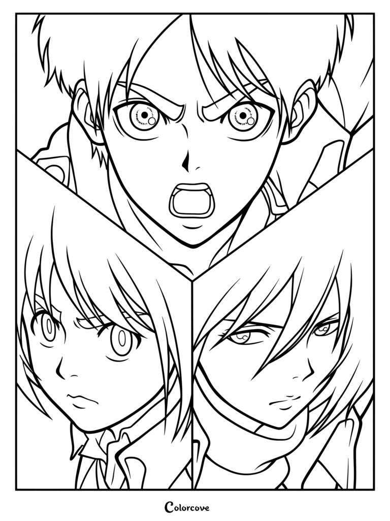 Coloriage d'Attack on Titan représentant le trio principal : Eren Jäger en haut, Armin Arlert en bas à gauche et Mikasa Ackerman en bas à droite.