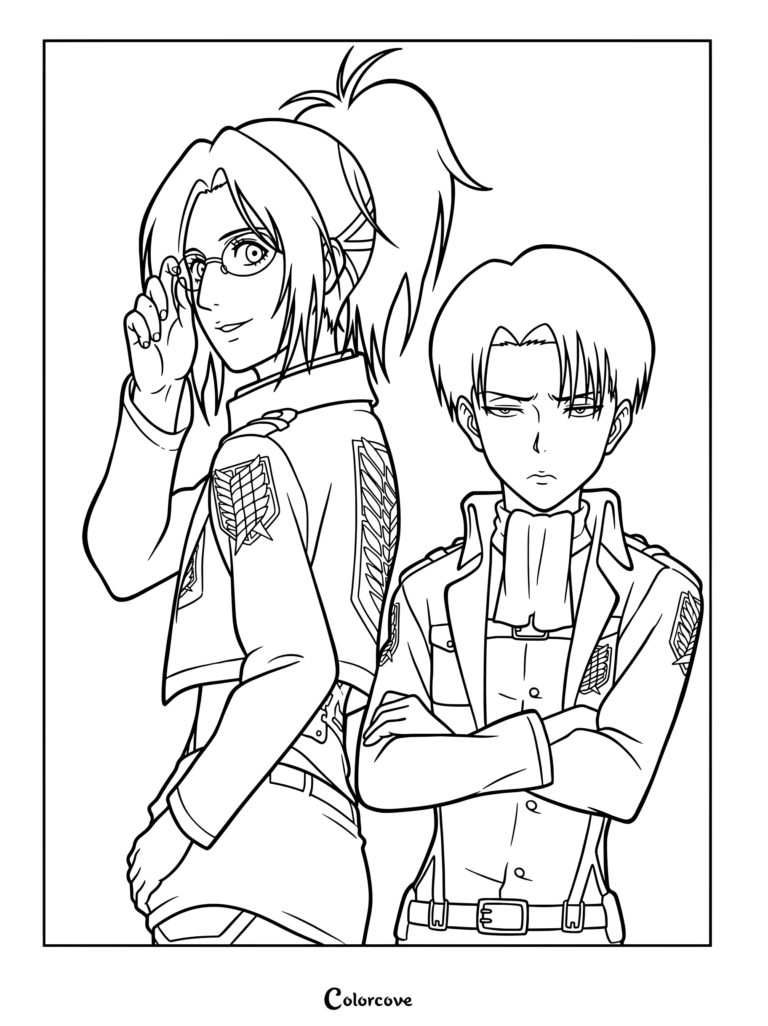 Coloriage d'Attack on Titan représentant Hange Zoë ajustant ses lunettes et Livai Ackerman les bras croisés en uniforme du Bataillon d'exploration.