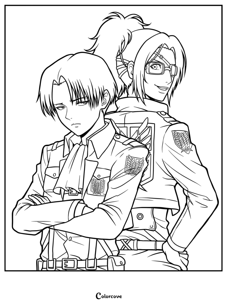 Coloriage à imprimer de Livai Ackerman et Hange Zoë debout dos à dos dans leurs uniformes du Bataillon d'exploration d'Attack on Titan.