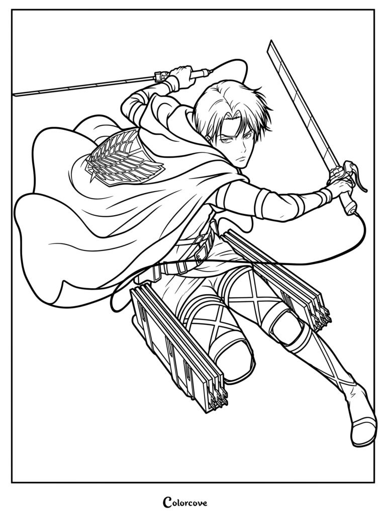 Livai Ackerman de la série animée Attack on Titan, vêtu de son uniforme du Bataillon d'exploration et se déplaçant avec l'équipement tridimensionnel. Coloriage à imprimer.