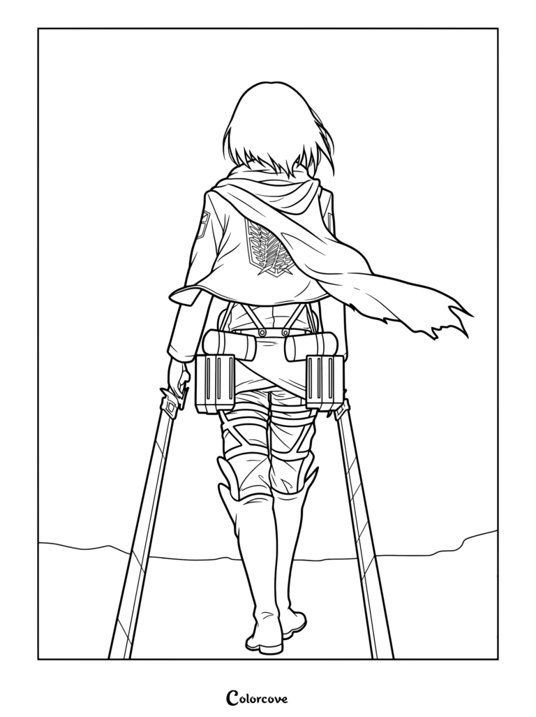 Coloriage de Mikasa Ackerman de la série animée Attack on Titan, représentée de dos avec sa fameuse écharpe rouge, sa veste du Bataillon d'exploration et son équipement tridimensionnel.