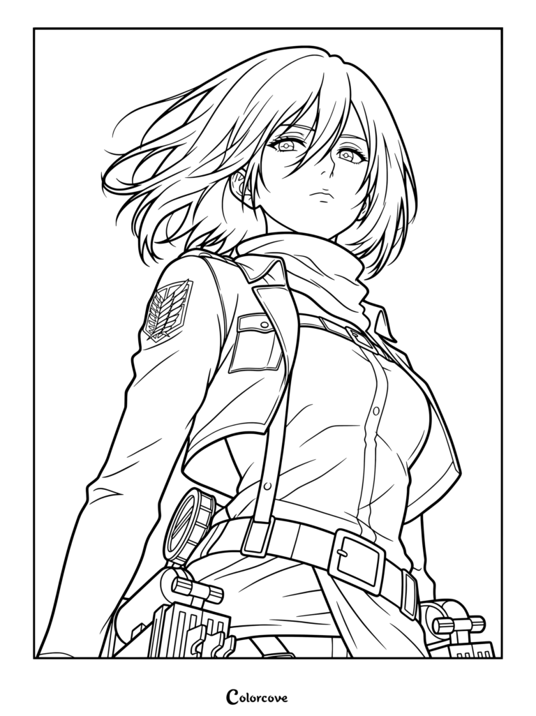 Coloriage de Mikasa Ackerman d'Attack on Titan portant son uniforme du Bataillon d'exploration et son écharpe emblématique.