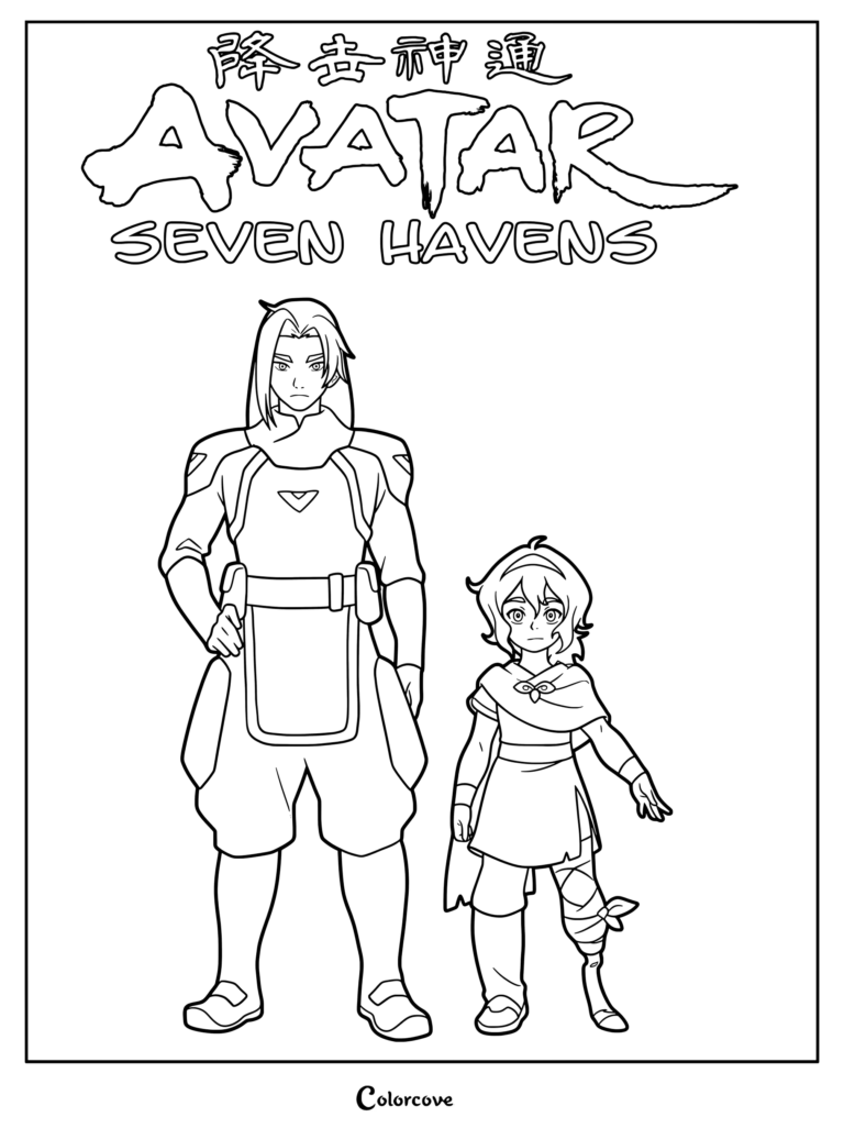 Página para colorear imprimible de Avatar Seven Havens con Jae a la izquierda con equipo utilitario y Pavi a la derecha como una niña pequeña con una pierna protésica.