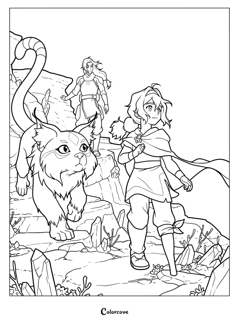 Pavi, la joven protagonista maestra tierra de la próxima serie animada Avatar Seven Havens, junto a su compañero animal y Jae en una página para colorear.