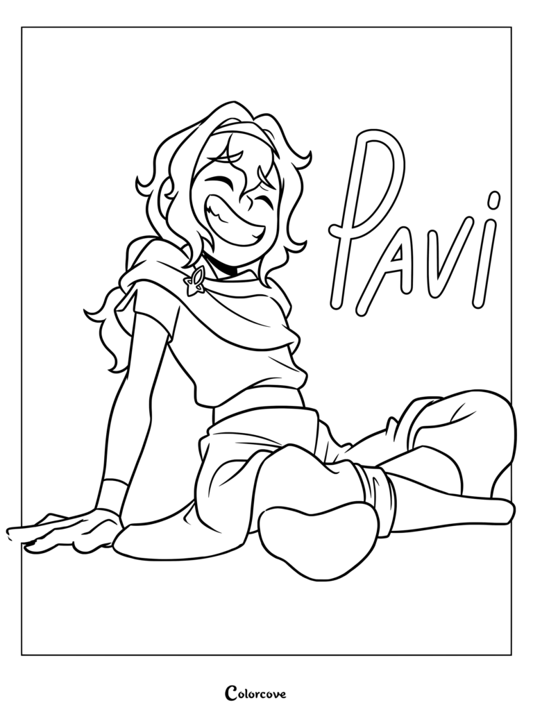 Pavi sonriendo y sentada alegremente en esta página para colorear basada en Avatar Seven Havens.