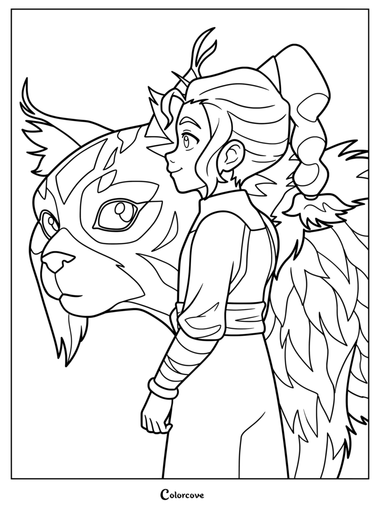 Página para colorear imprimible de Nisha junto a una criatura compañera de Avatar Seven Havens.