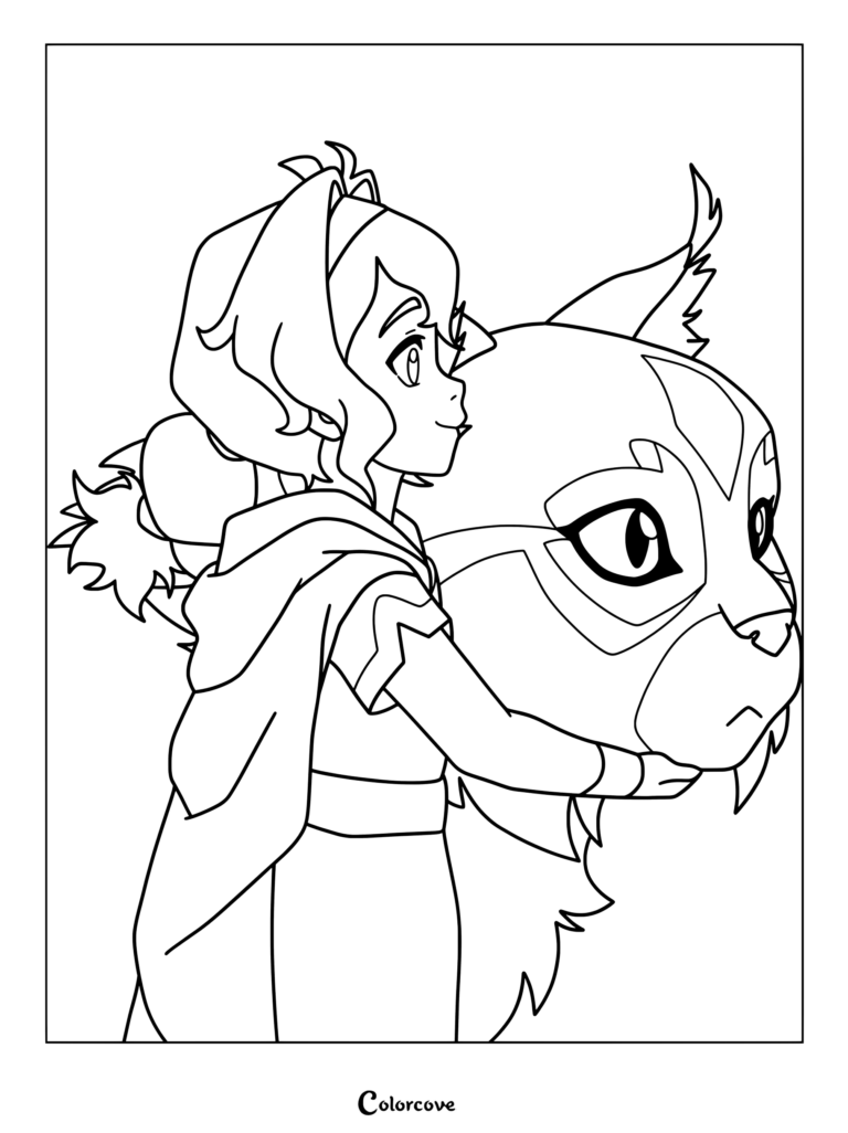 Página para colorear imprimible de Pavi, la nueva Avatar maestra tierra, junto a una criatura compañera de la serie animada Avatar Seven Havens.