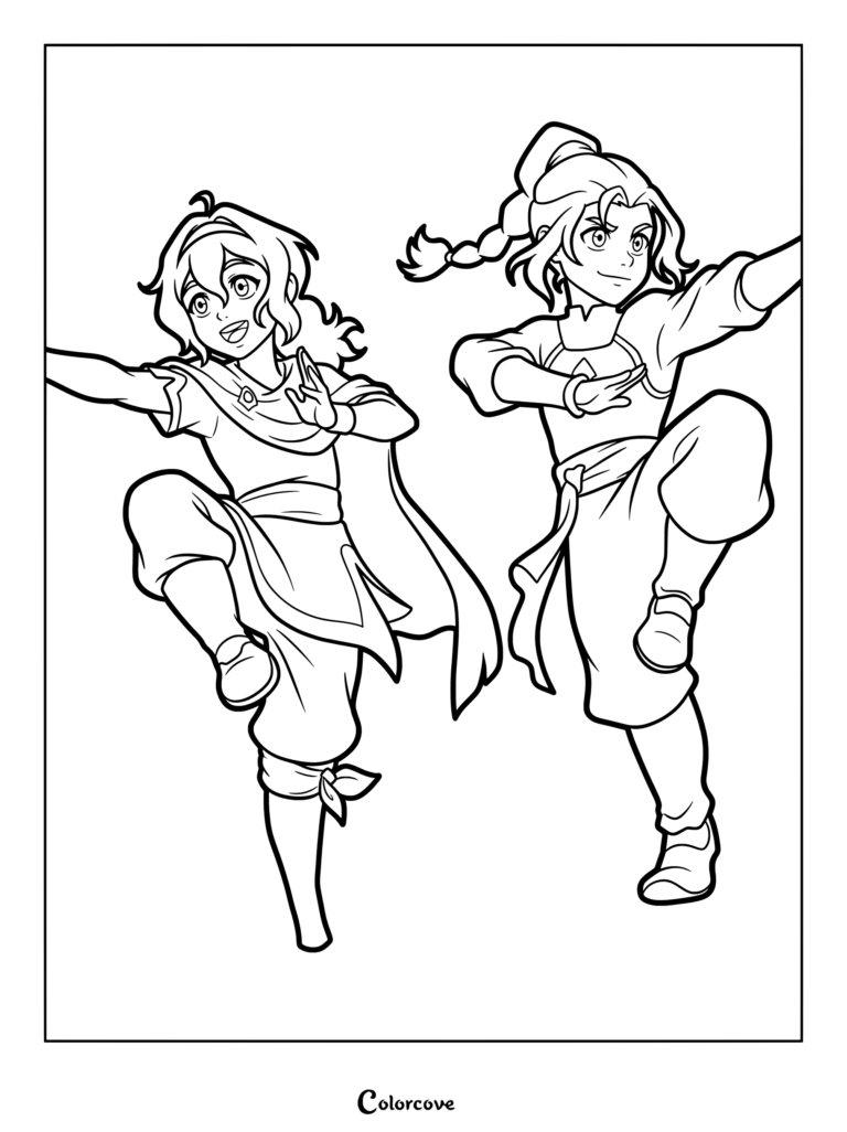 Página para colorear con Pavi y Nisha, hermanas gemelas y personajes principales de la próxima serie animada Avatar Seven Havens, adoptando dinámicas posturas de maestría.