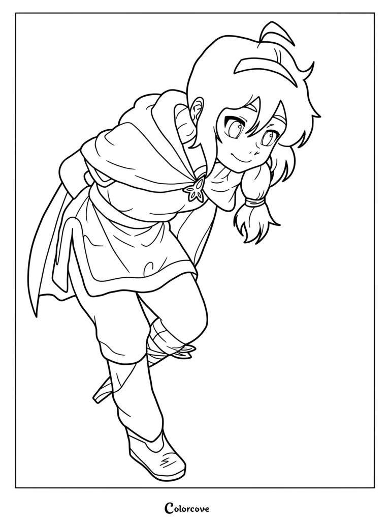 Una página para colorear imprimible de Pavi, la protagonista central y Avatar maestra tierra de la próxima serie animada Avatar Seven Havens, inclinándose hacia adelante con una sonrisa curiosa.