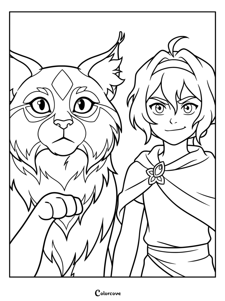 Una página para colorear detallada de la Avatar Pavi y su compañero mono-gato, Geet, de la próxima serie animada Avatar Seven Havens.