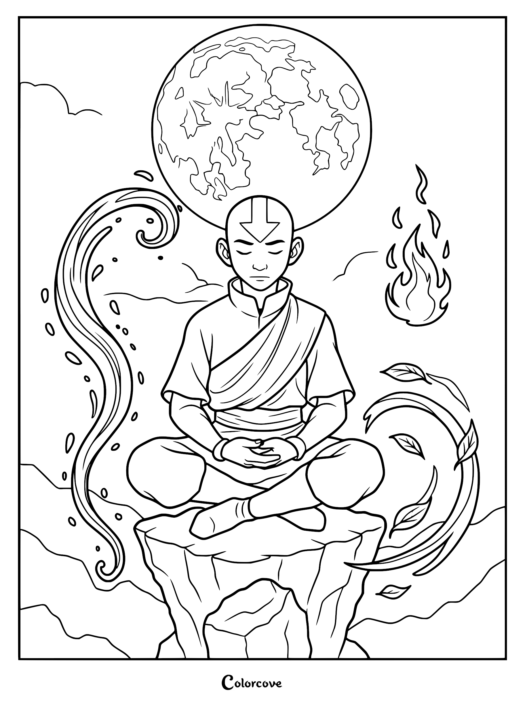 Aang from Avatar The Last Airbender meditating on a rock surrounded by water, fire, and leaves in a detailed coloring page.