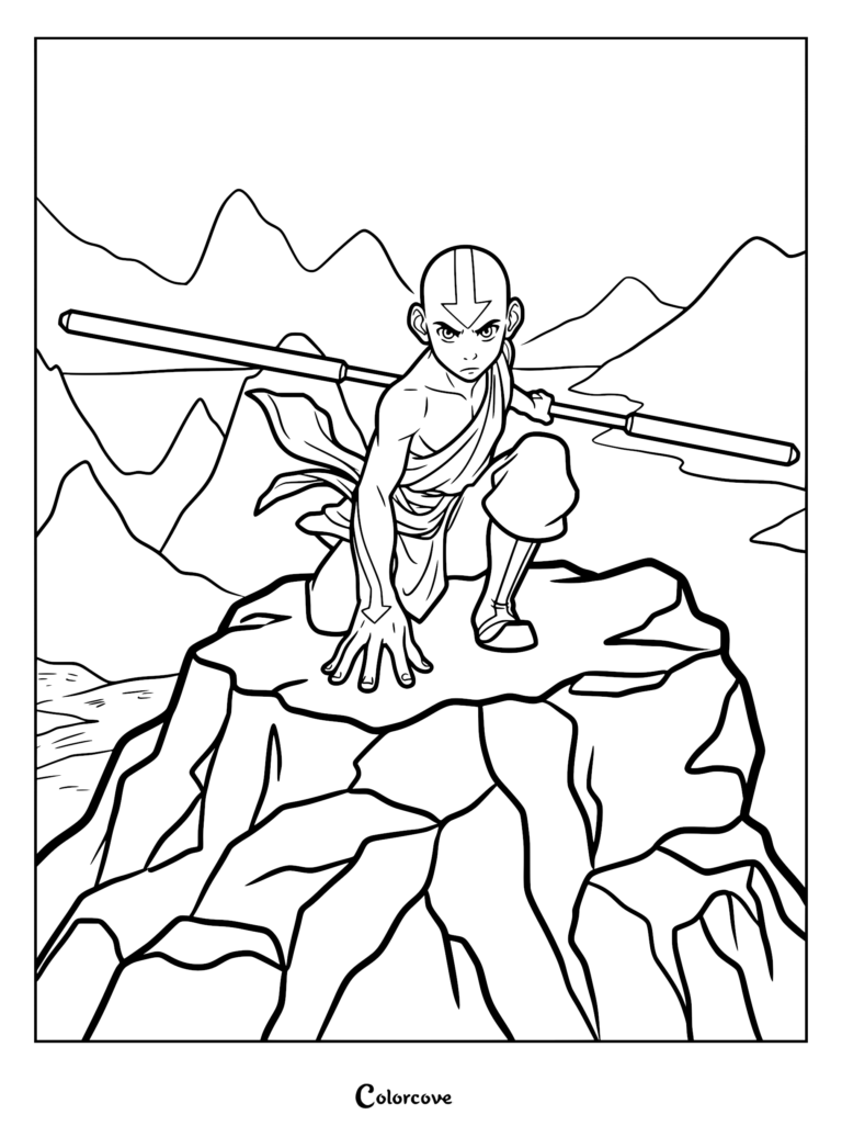 Aang from Avatar The Last Airbender crouching on a rock with his staff, printable coloring page.