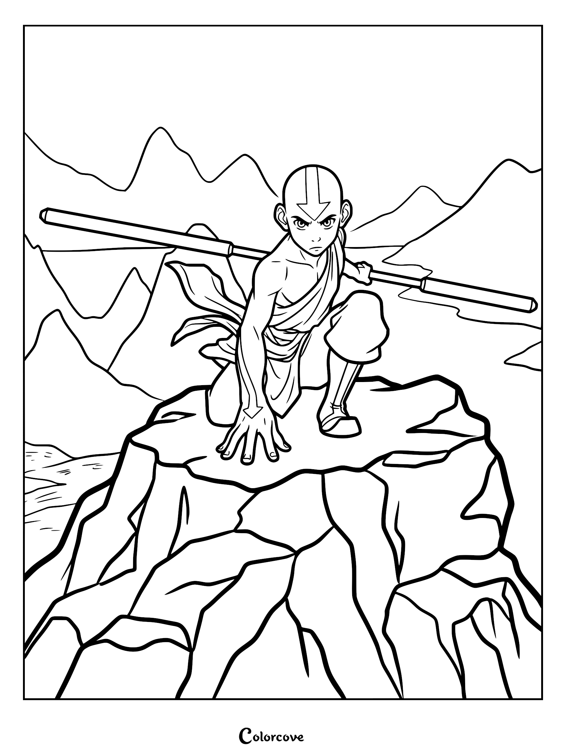 Aang from Avatar The Last Airbender crouching on a rock with his staff, printable coloring page.