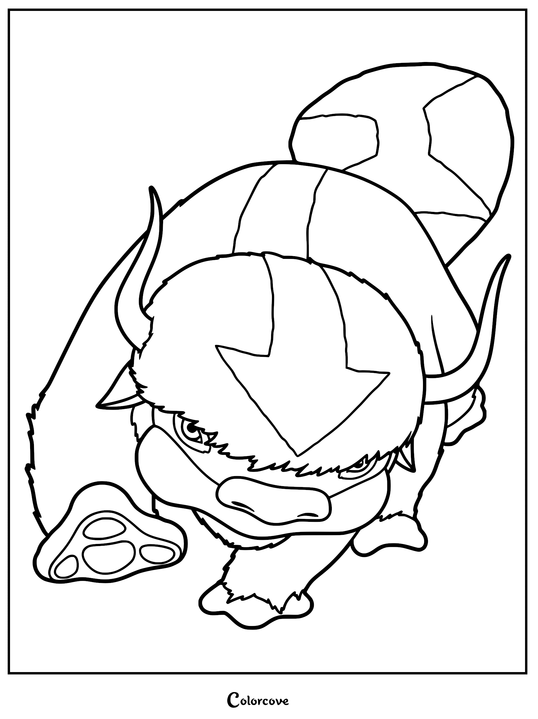 Appa the flying bison from Avatar The Last Airbender in a high-angle coloring page view showing his arrow marking and horns.