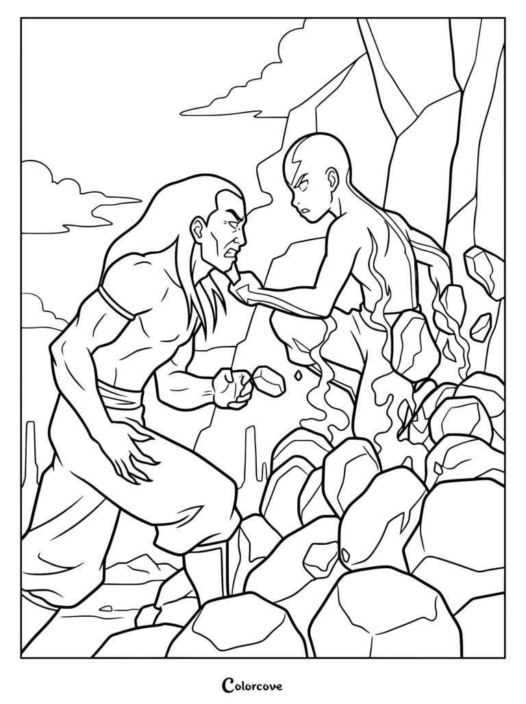 Aang using earthbending to fight Ozai in a rocky landscape coloring page.