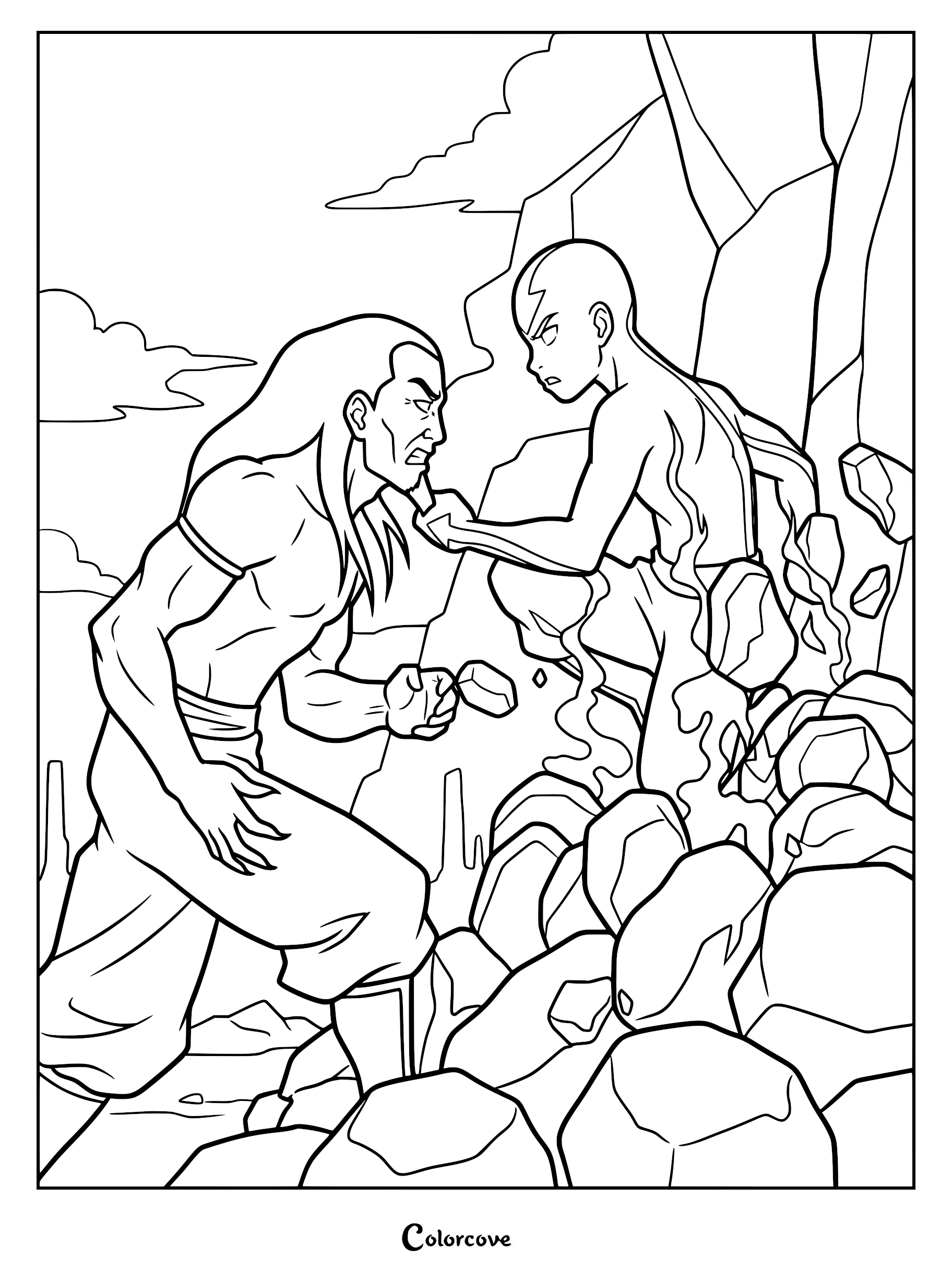 Aang using earthbending to fight Combustion Man in a rocky landscape coloring page.