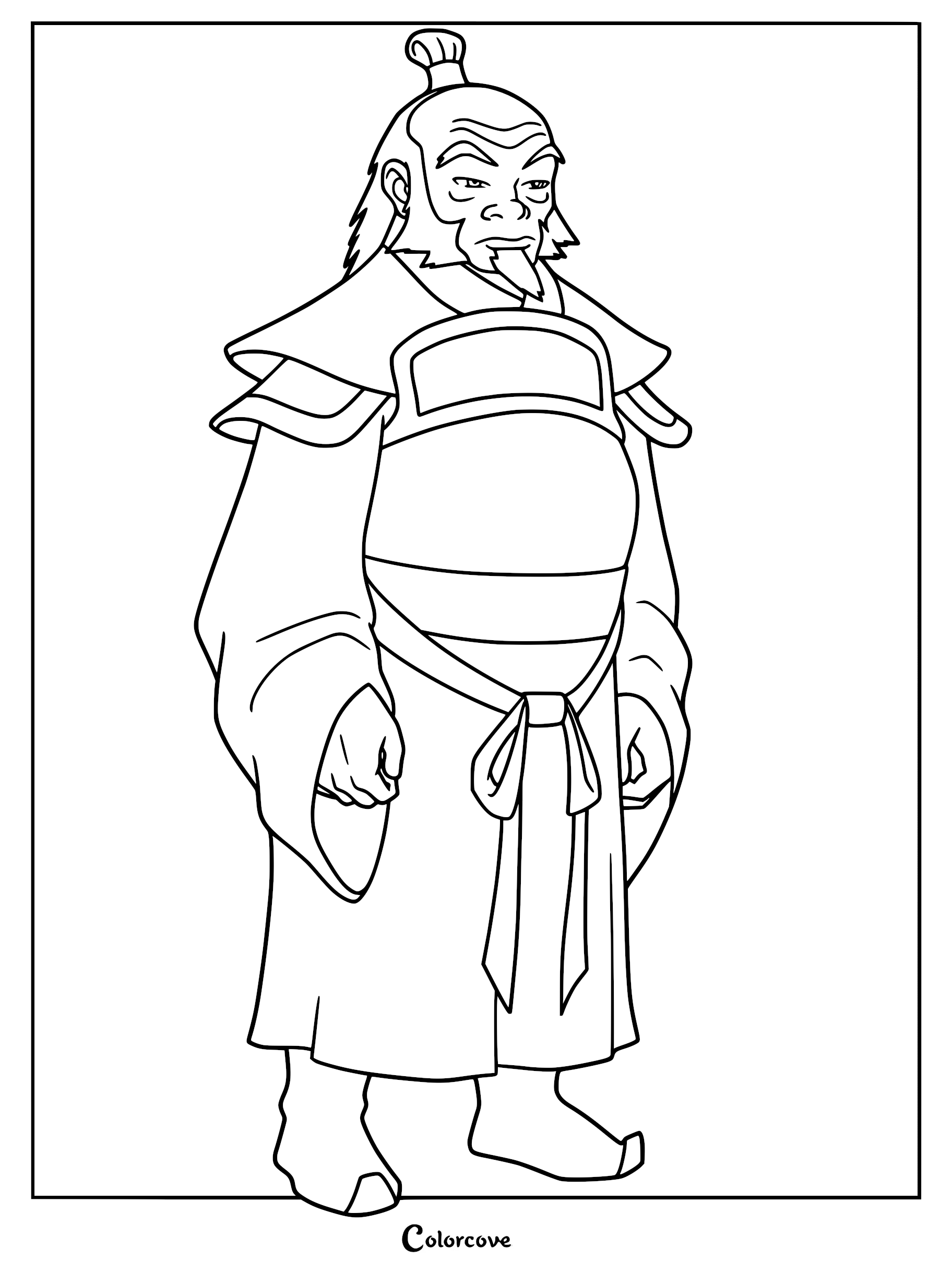 Iroh standing in traditional Fire Nation robes, a printable coloring page featuring the wise mentor.