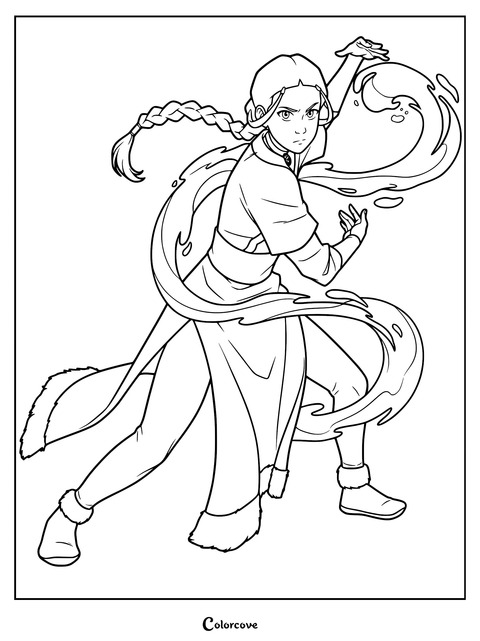 Katara from Avatar The Last Airbender performing a powerful waterbending move in this printable coloring page.